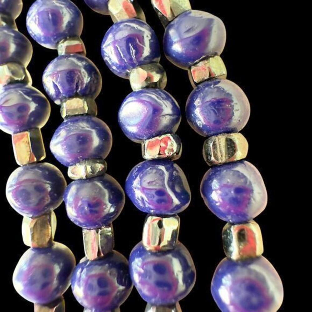 Vintage 72” Picasso Beads Flapper Necklace 1920’s Navy Blue & Mirrored Silver